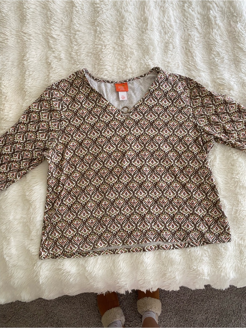 hearts of palm Geometric Print 3/4 Sleeve Top in Brown and Cream